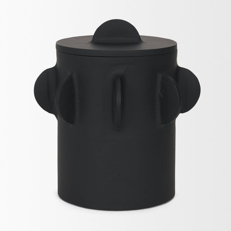 Deacon Large Matte Black Metal Canister with Sculptural Handles by Mercana at Eve Furniture
