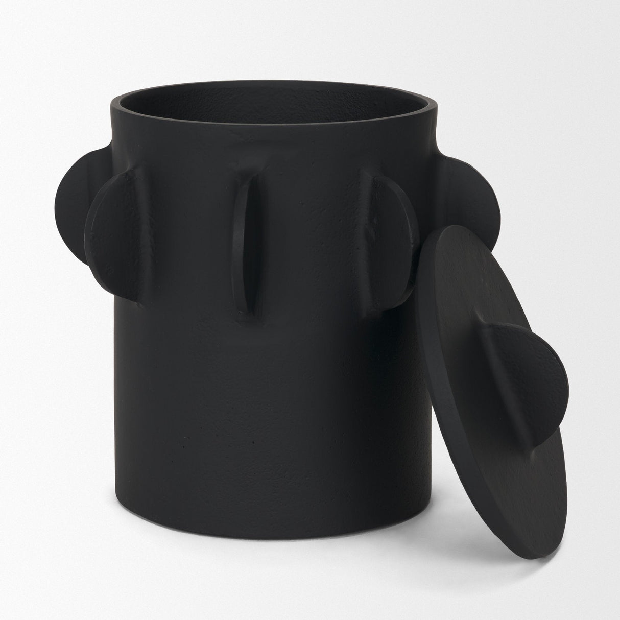 Deacon Large Matte Black Metal Canister with Sculptural Handles by Mercana at Eve Furniture