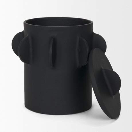 Deacon Large Matte Black Metal Canister with Sculptural Handles by Mercana at Eve Furniture