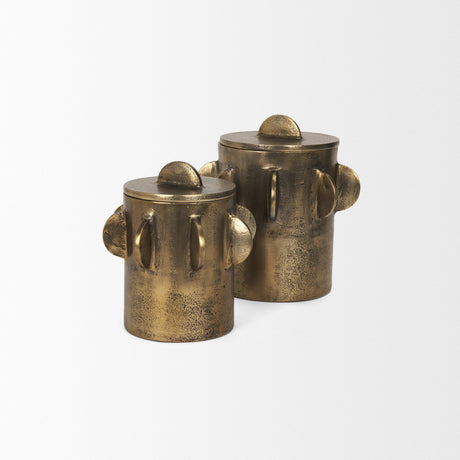 Deacon Small Antiqued Gold Metal Canister with Sculptural Handles by Mercana at Eve Furniture