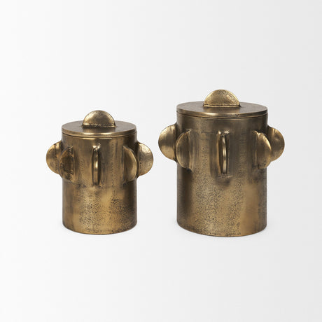 Deacon Small Antiqued Gold Metal Canister with Sculptural Handles by Mercana at Eve Furniture