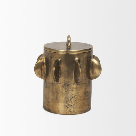 Deacon Small Antiqued Gold Metal Canister with Sculptural Handles by Mercana at Eve Furniture