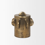Deacon Small Antiqued Gold Metal Canister with Sculptural Handles by Mercana at Eve Furniture