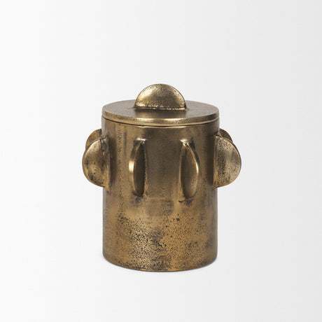 Deacon Small Antiqued Gold Metal Canister with Sculptural Handles by Mercana at Eve Furniture