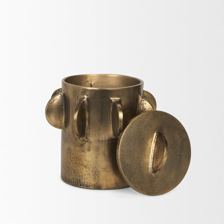 Deacon Small Antiqued Gold Metal Canister with Sculptural Handles by Mercana at Eve Furniture
