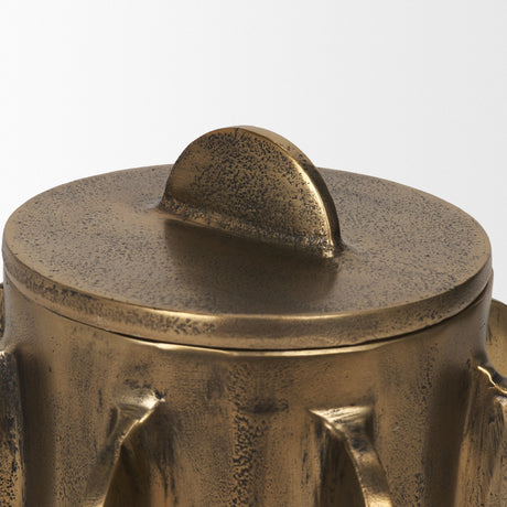 Deacon Small Antiqued Gold Metal Canister with Sculptural Handles by Mercana at Eve Furniture