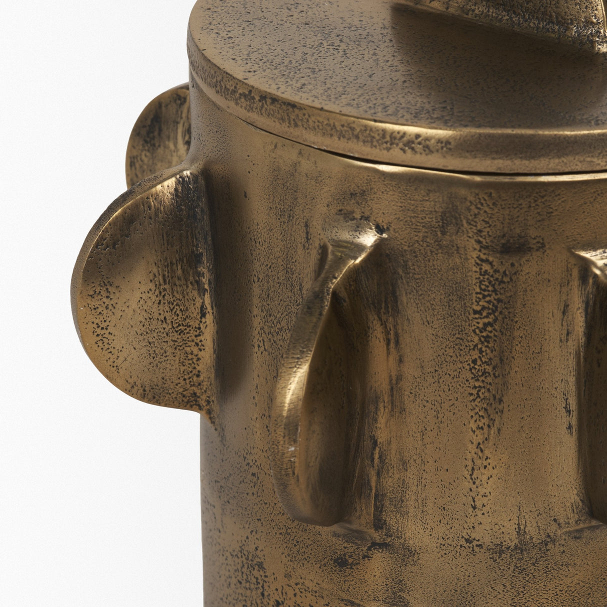 Deacon Small Antiqued Gold Metal Canister with Sculptural Handles by Mercana at Eve Furniture