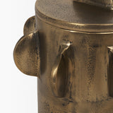 Deacon Small Antiqued Gold Metal Canister with Sculptural Handles by Mercana at Eve Furniture