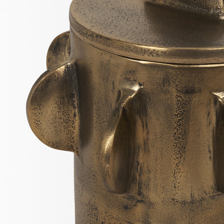 Deacon Small Antiqued Gold Metal Canister with Sculptural Handles by Mercana at Eve Furniture