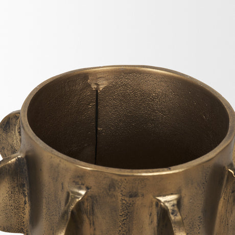 Deacon Small Antiqued Gold Metal Canister with Sculptural Handles by Mercana at Eve Furniture