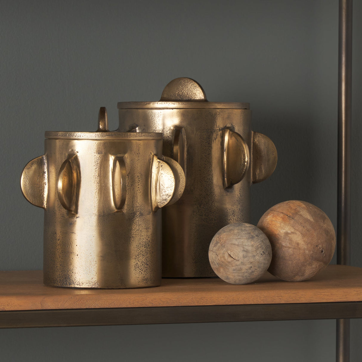 Deacon Small Antiqued Gold Metal Canister with Sculptural Handles by Mercana at Eve Furniture