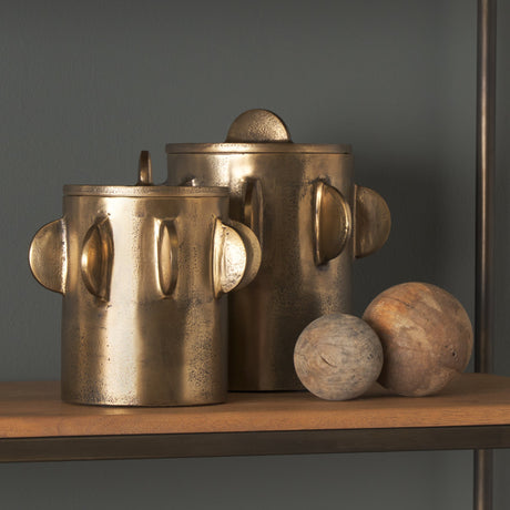Deacon Small Antiqued Gold Metal Canister with Sculptural Handles by Mercana at Eve Furniture