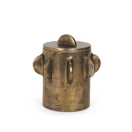 Deacon Small Antiqued Gold Metal Canister with Sculptural Handles by Mercana at Eve Furniture