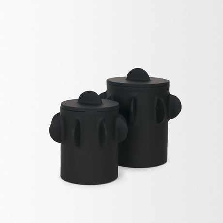 Deacon Small Matte Black Metal Canister with Sculptural Handles by Mercana at Eve Furniture