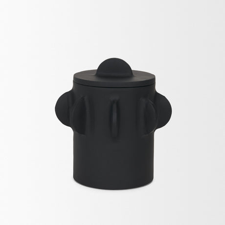 Deacon Small Matte Black Metal Canister with Sculptural Handles by Mercana at Eve Furniture