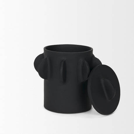 Deacon Small Matte Black Metal Canister with Sculptural Handles by Mercana at Eve Furniture