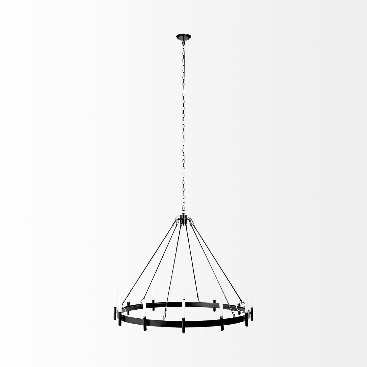 Decamp I Black Metal Chassis Glass Tube Twelve Light Chandelier by Mercana at Eve Furniture