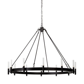 Decamp I Black Metal Chassis Glass Tube Twelve Light Chandelier by Mercana at Eve Furniture