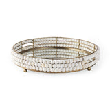 Decatur I 21L x 21W White Wooden Bead Mirrored Bottom Round Tray by Mercana at Eve Furniture