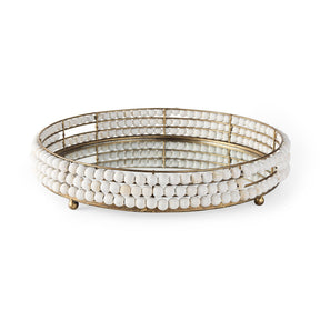 Decatur I 21L x 21W White Wooden Bead Mirrored Bottom Round Tray by Mercana at Eve Furniture