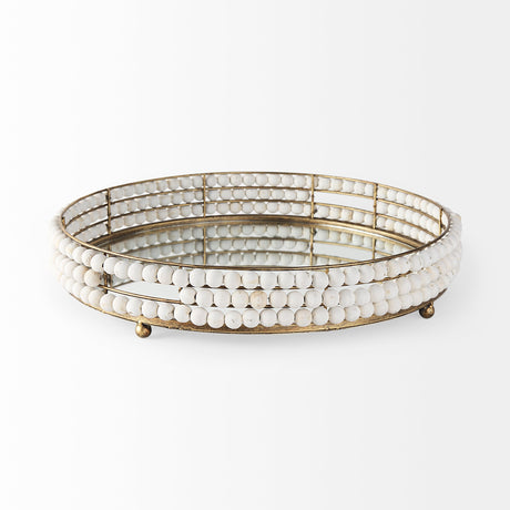 Decatur I White Wooden Bead Mirrored Bottom Round Tray by Mercana at Eve Furniture