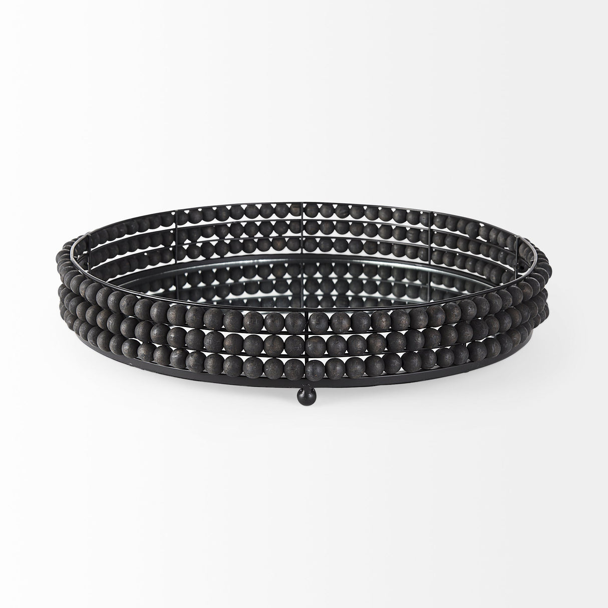 Decatur II 21L x 21W Black Wooden Bead Mirrored Bottom Round Tray by Mercana at Eve Furniture