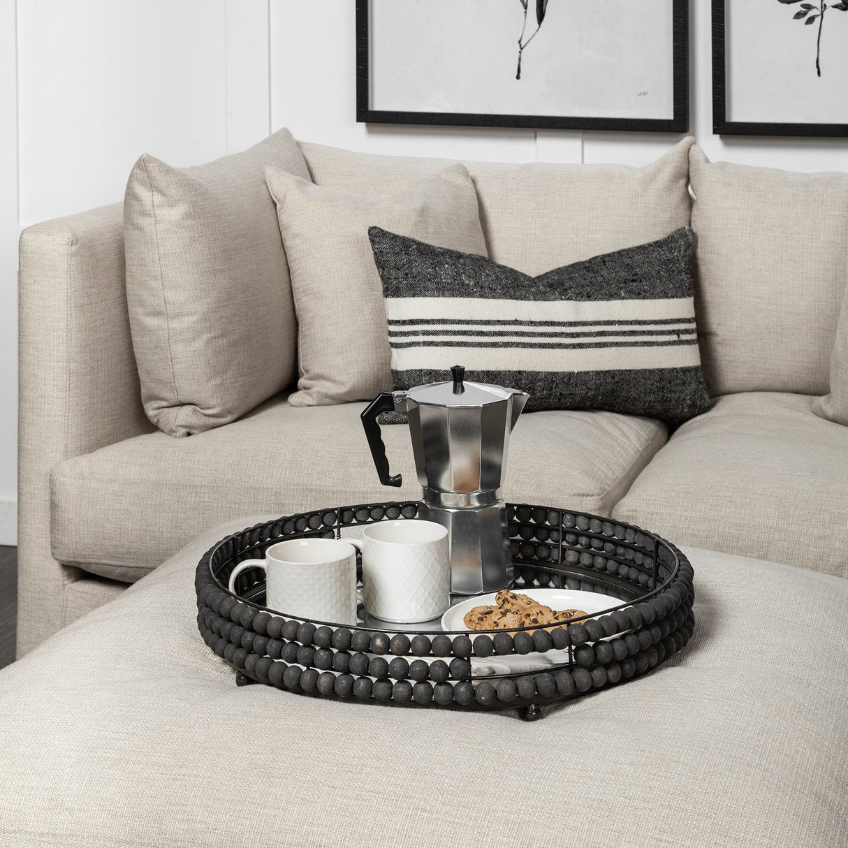 Decatur II 21L x 21W Black Wooden Bead Mirrored Bottom Round Tray by Mercana at Eve Furniture