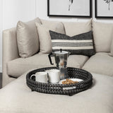 Decatur II 21L x 21W Black Wooden Bead Mirrored Bottom Round Tray by Mercana at Eve Furniture