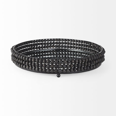 Decatur II Black Wooden Bead Mirrored Bottom Round Tray by Mercana at Eve Furniture