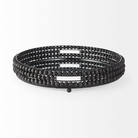 Decatur II Black Wooden Bead Mirrored Bottom Round Tray by Mercana at Eve Furniture