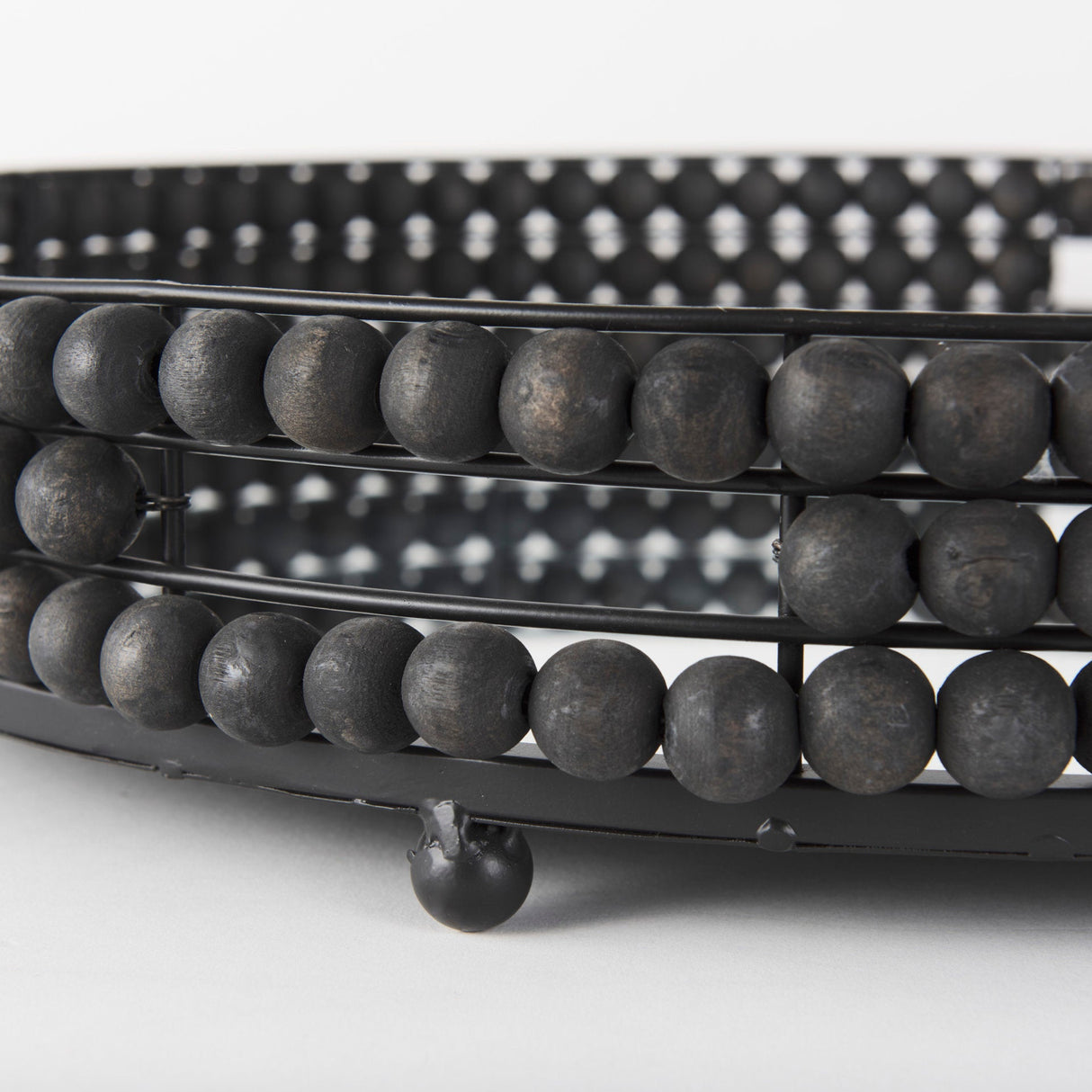 Decatur II Black Wooden Bead Mirrored Bottom Round Tray by Mercana at Eve Furniture