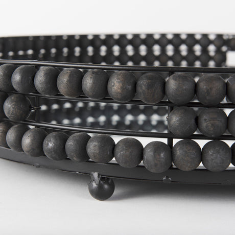 Decatur II Black Wooden Bead Mirrored Bottom Round Tray by Mercana at Eve Furniture