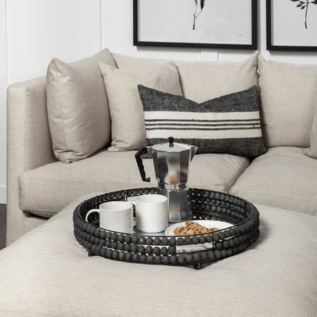 Decatur II Black Wooden Bead Mirrored Bottom Round Tray by Mercana at Eve Furniture