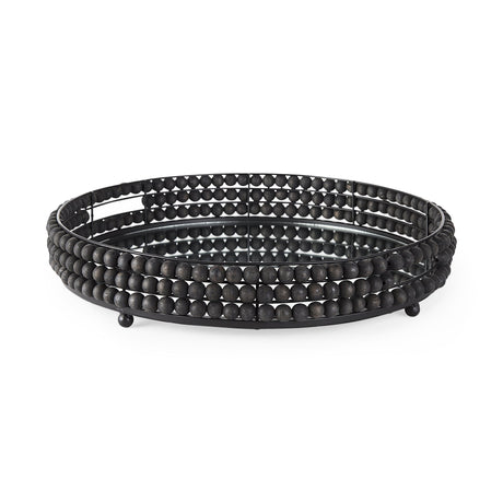 Decatur II Black Wooden Bead Mirrored Bottom Round Tray by Mercana at Eve Furniture