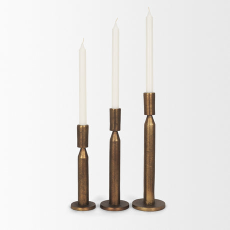 Declan Antiqued Brass Cast Metal Taper Candle Holder by Mercana at Eve Furniture