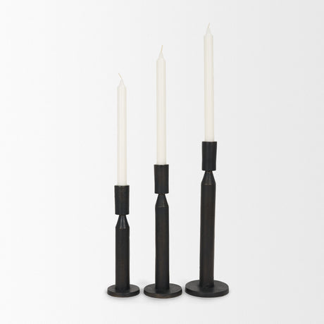 Declan Textured Matte Black Cast Metal Taper Candle Holder by Mercana at Eve Furniture