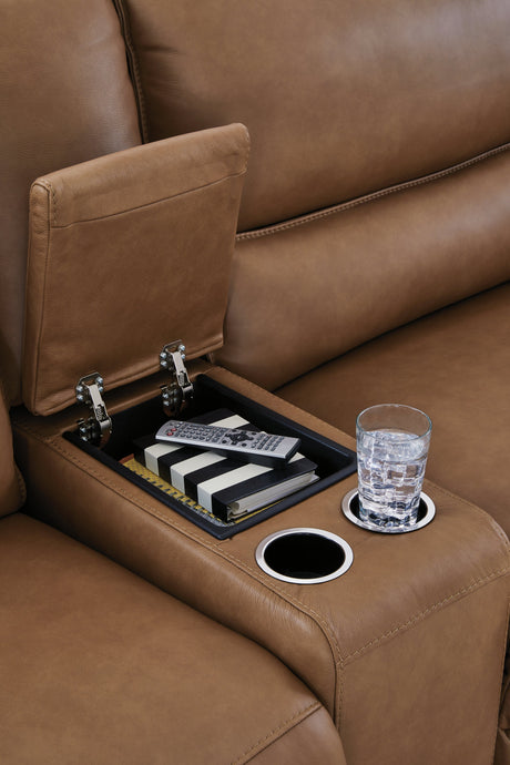 Deepwakes Caramel 3-Piece Power Reclining Sectional with Right Chaise by Ashley at Eve Furniture