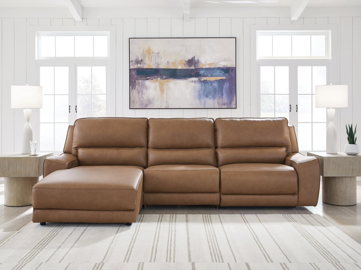Deepwakes Caramel 3-Piece Reclining LAF Sofa Chaise by Ashley at Eve Furniture