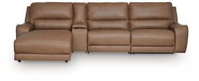 DeepWakes Caramel 4-Piece Reclining Sectional with Chaise and Storage Console by Ashley at Eve Furniture