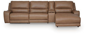 DeepWakes Caramel 4-Piece Reclining Sectional with Chaise and Storage Console by Ashley at Eve Furniture