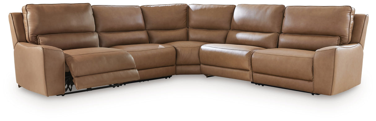 Deepwakes Caramel 5-Piece Power Reclining Sectional by Ashley at Eve Furniture