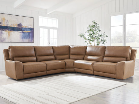 Deepwakes Caramel 5-Piece Power Reclining Sectional by Ashley at Eve Furniture