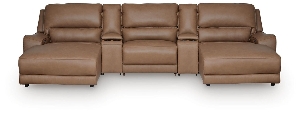 DeepWakes Caramel 5-Piece Reclining Sectional with Double Chaise and Storage Consoles by Ashley at Eve Furniture