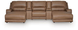 DeepWakes Caramel 5-Piece Reclining Sectional with Double Chaise and Storage Consoles by Ashley at Eve Furniture