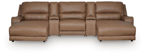 DeepWakes Caramel 5-Piece Reclining Sectional with Double Chaise and Storage Consoles by Ashley at Eve Furniture