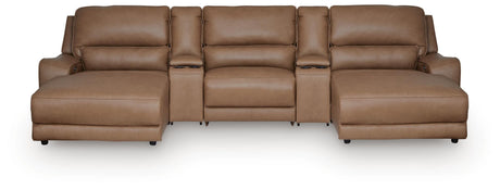 DeepWakes Caramel 5-Piece Reclining Sectional with Double Chaise and Storage Consoles by Ashley at Eve Furniture