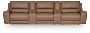 DeepWakes Caramel 5-Piece Reclining Sectional with Storage Consoles by Ashley at Eve Furniture