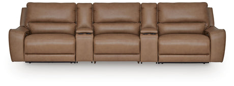 DeepWakes Caramel 5-Piece Reclining Sectional with Storage Consoles by Ashley at Eve Furniture
