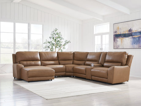 Deepwakes Caramel 6-Piece Power Reclining Sectional with Left Chaise by Ashley at Eve Furniture