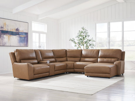 Deepwakes Caramel 6-Piece Power Reclining Sectional with Right Chaise by Ashley at Eve Furniture